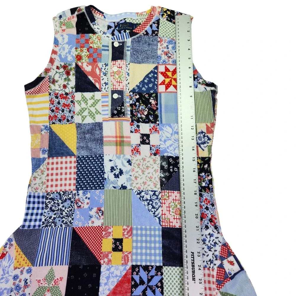 Polo Ralph Lauren Patchwork Quilt Print Waffle‎ Knit Maxi Dress Blue L RARE New - Picture 10 of 15